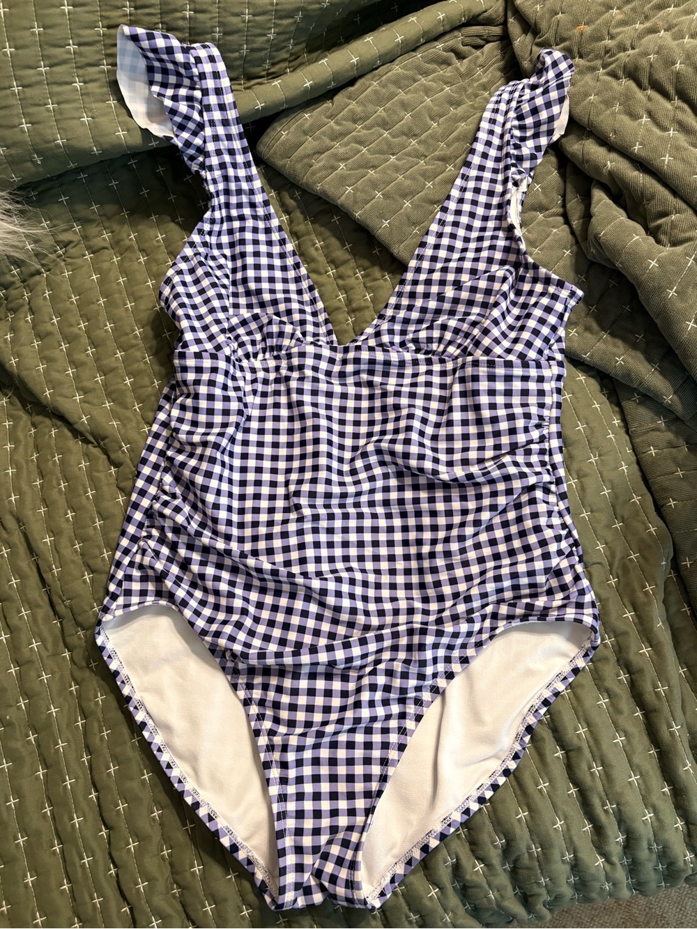 Kona Sol Navy and White Gingham Ruffle-Shoulder One-Piece Swimsuit Size L